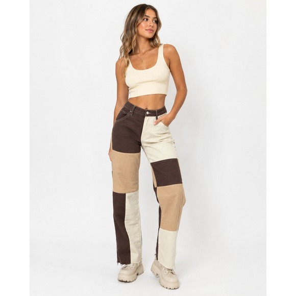 PacSun Pants - PacSun Womens 27 Patchwork Carpenter Pants Brown Tan Cream Utility Straight Leg